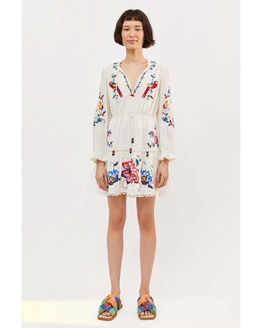 Farm Rio Off-White Toucans & Flowers Embroidered Mini Dress Size XL